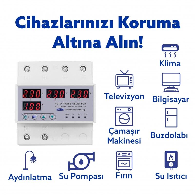 Tomzn Otomatik Faz Seçici Ve Yüksek Alçak Voltaj Akım Koruma Rölesi 220v 100A