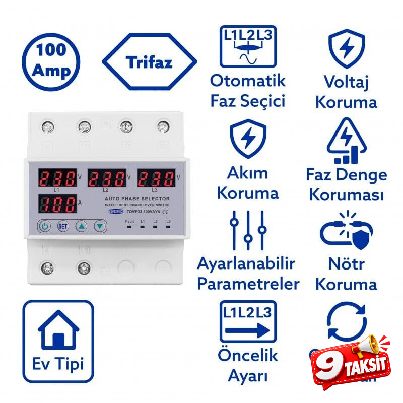 Tomzn Otomatik Faz Seçici Ve Yüksek Alçak Voltaj Akım Koruma Rölesi 220v 100A