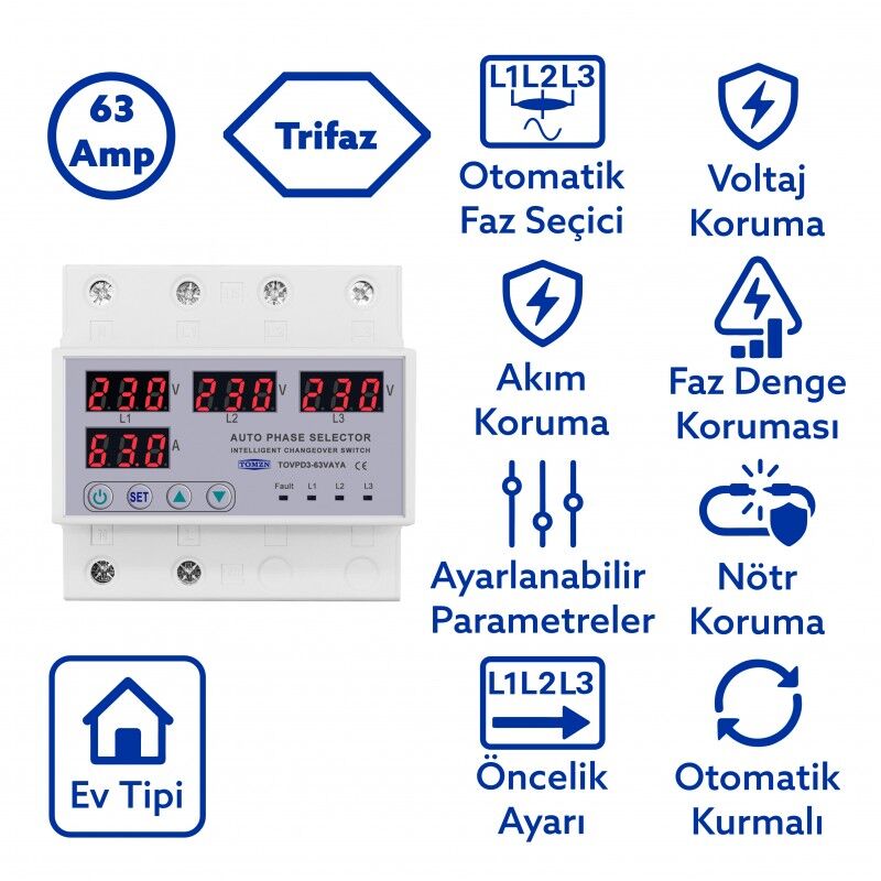 Tomzn Otomatik Faz Seçici ve Yüksek Alçak Voltaj Akım Koruma Rölesi 63A Dahili Kontaktör - Yakın Çekim Görseli