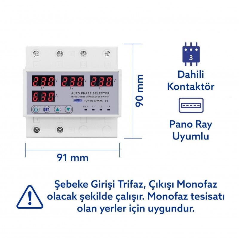 Tomzn Otomatik Faz Seçici ve Yüksek Alçak Voltaj Akım Koruma Rölesi 63A Dahili Kontaktör - Kullanım Görseli
