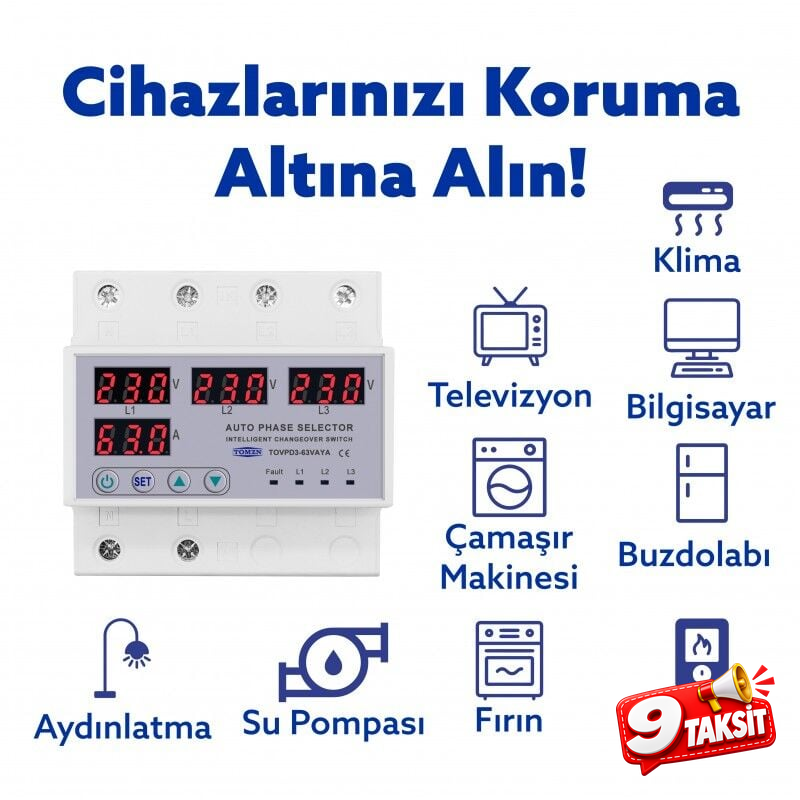 Tomzn Otomatik Faz Seçici ve Yüksek Alçak Voltaj Akım Koruma Rölesi 63A Dahili Kontaktör