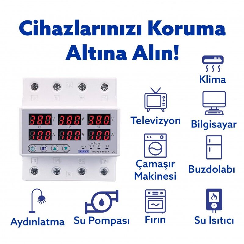 Tomzn Trifaz 380V 100A Gerilim ve Akım Koruma Rölesi Yüksek Alçak Voltaj Koruyucu Röle - Sanayi Tipi