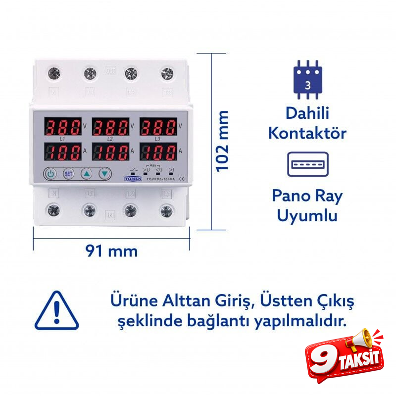 Tomzn Trifaz 380V 100A Gerilim ve Akım Koruma Rölesi Yüksek Alçak Voltaj Koruyucu Röle - Sanayi Tipi