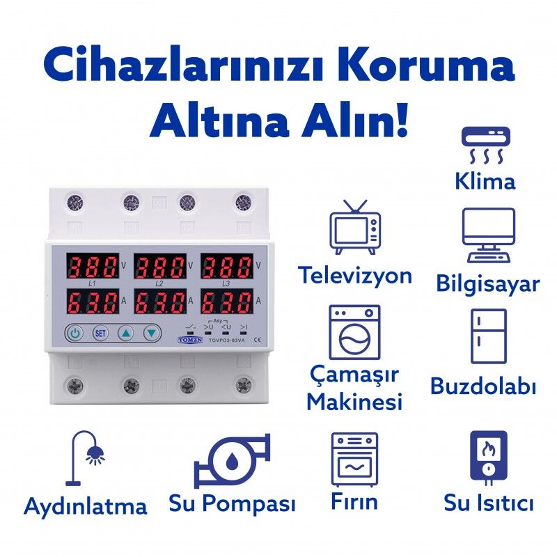 Tomzn Trifaz Nötrsüz 380V Gerilim Ve Akım Koruma Yüksek Alçak Voltaj Akım Koruma 63A Sanayi Tipi