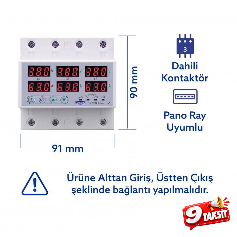 Tomzn Trifaz Nötrsüz 380V Gerilim Ve Akım Koruma Yüksek Alçak Voltaj Akım Koruma 63A Sanayi Tipi