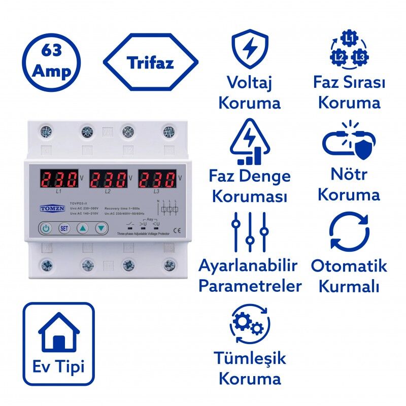 Tomzn Voltaj Koruma Rölesi Koruyucu Röle 220V 63A 3 Fazlı - Ev Tipi Trifaz