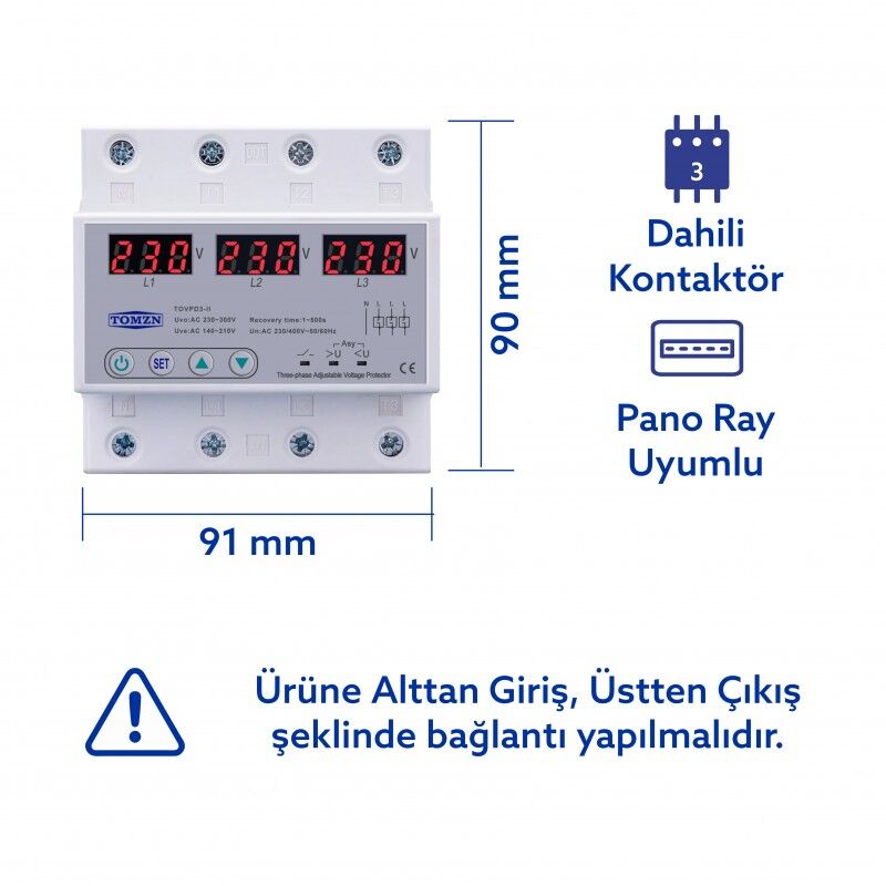 Tomzn Voltaj Koruma Rölesi Koruyucu Röle 220V 63A 3 Fazlı - Ev Tipi Trifaz
