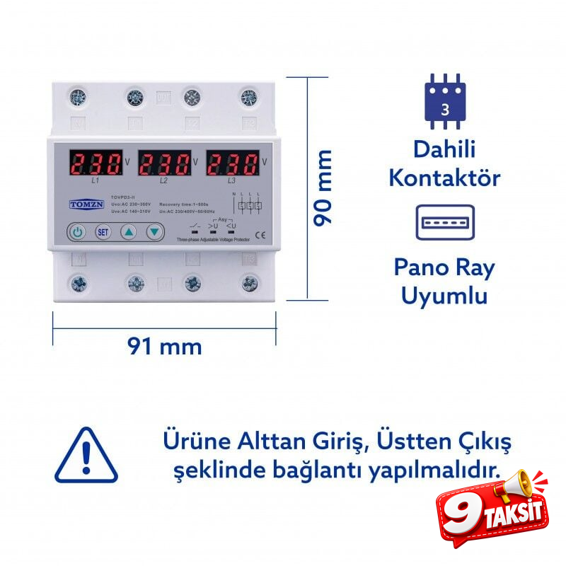 Tomzn Voltaj Koruma Rölesi Koruyucu Röle 220V 63A 3 Fazlı - Ev Tipi Trifaz