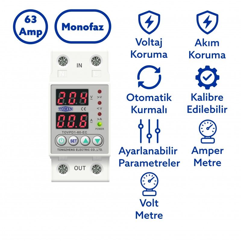 Tomzn Voltaj ve Akım Koruma Rölesi Yüksek Alçak Gerilim Akım Koruyucu 63A Elektrik Bekçisi