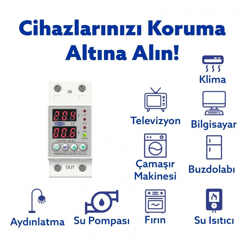 Tomzn Voltaj ve Akım Koruma Rölesi Yüksek Alçak Gerilim Akım Koruyucu 63A Elektrik Bekçisi
