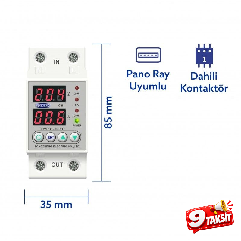 Tomzn Voltaj ve Akım Koruma Rölesi Yüksek Alçak Gerilim Akım Koruyucu 63A Elektrik Bekçisi