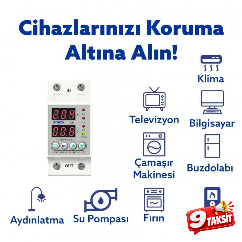 Tomzn Voltaj ve Akım Koruma Rölesi Yüksek Alçak Gerilim Akım Koruyucu Monofaz 80A