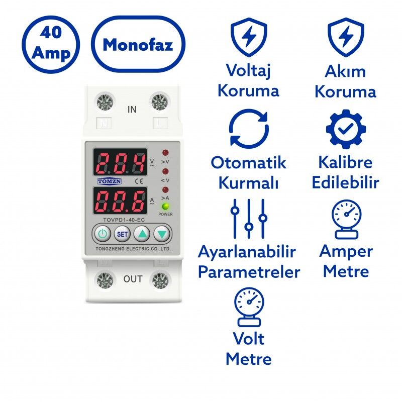Tomzn Voltaj ve Akım Koruma Rölesi Yüksek Alçak Gerilim Koruyucu Monofaz 40A Elektrik Bekçisi