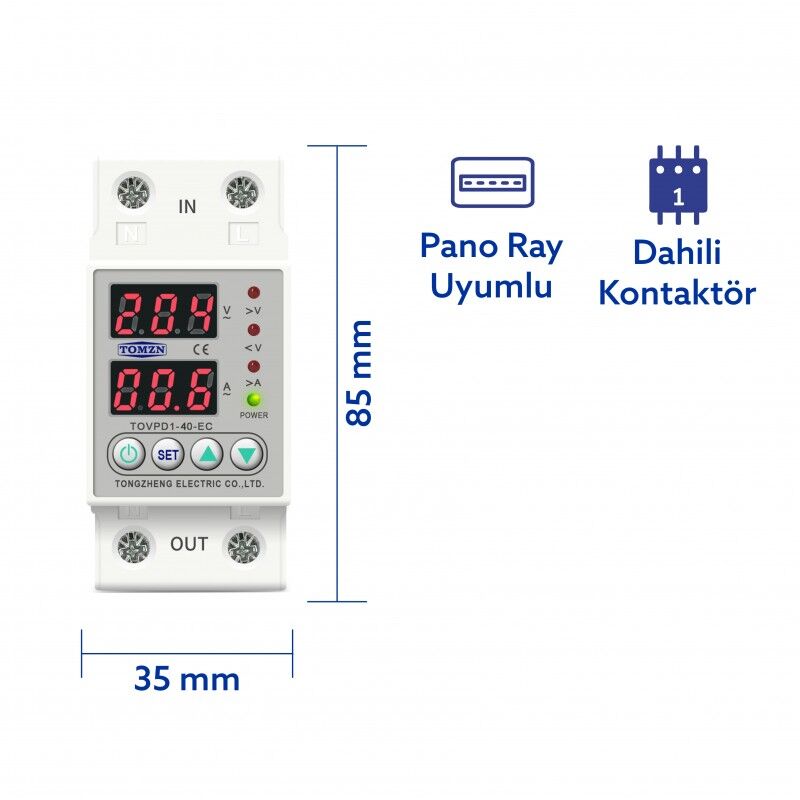 Tomzn Voltaj ve Akım Koruma Rölesi Yüksek Alçak Gerilim Koruyucu Monofaz 40A Elektrik Bekçisi