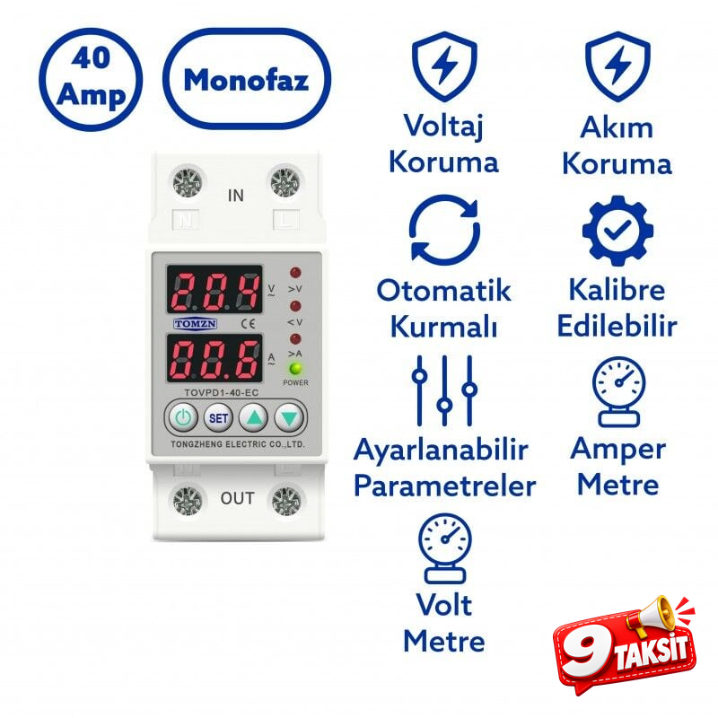 Tomzn Voltaj ve Akım Koruma Rölesi Yüksek Alçak Gerilim Koruyucu Monofaz 40A Elektrik Bekçisi