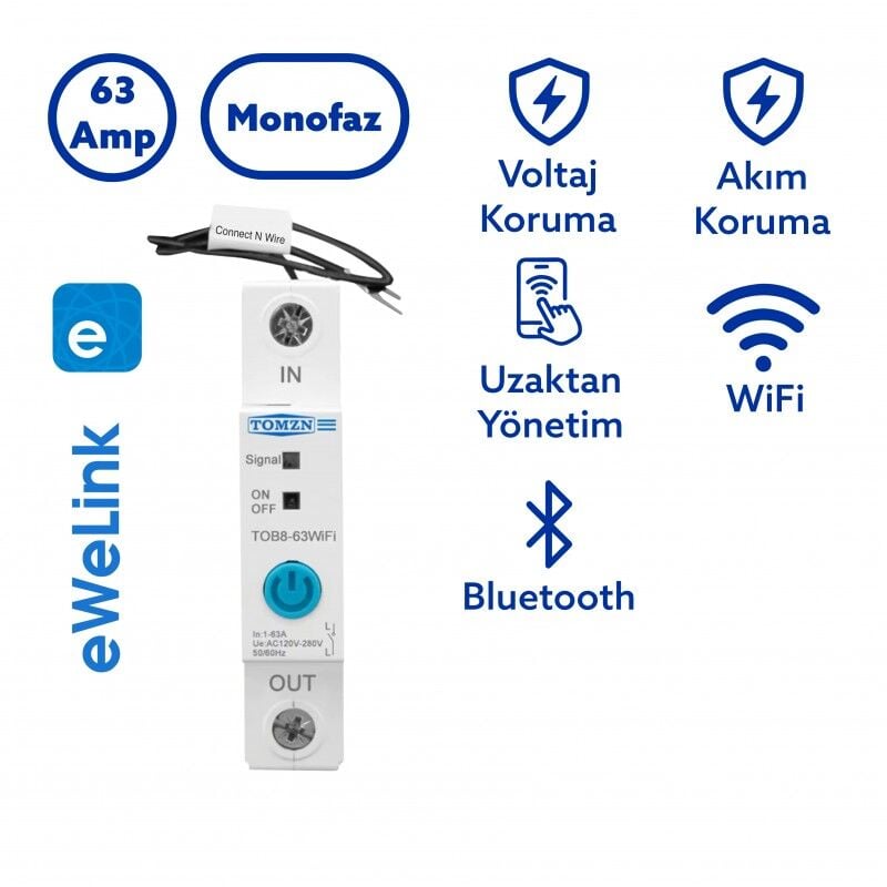 Tomzn WiFi Akıllı Voltaj ve Akım Koruma Rölesi, Dahili Enerji Ölçer 63A eWelink Uyumlu - Tek Kutup - Yakın Çekim Görseli