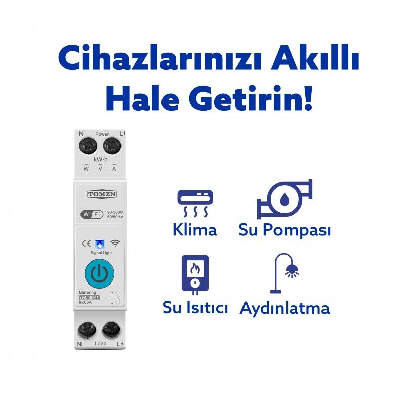 Tomzn WiFi Özellikli Akıllı Sigorta Dahili Enerji Ölçerli Zaman Rölesi 63A
