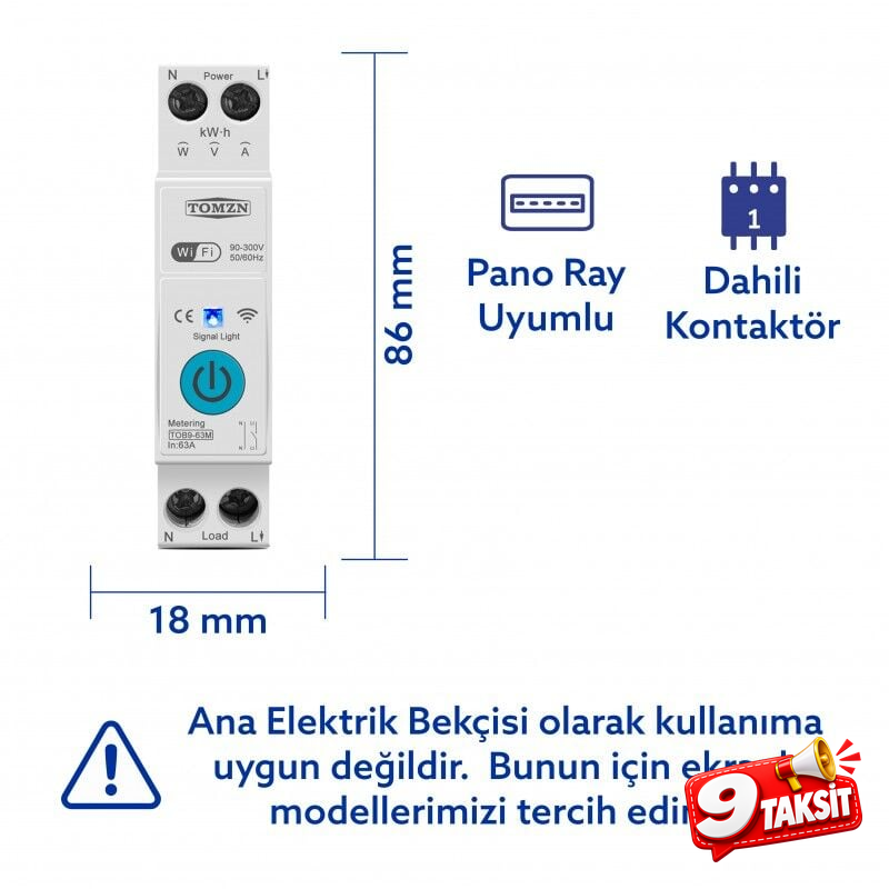 Tomzn WiFi Özellikli Akıllı Sigorta Dahili Enerji Ölçerli Zaman Rölesi 63A